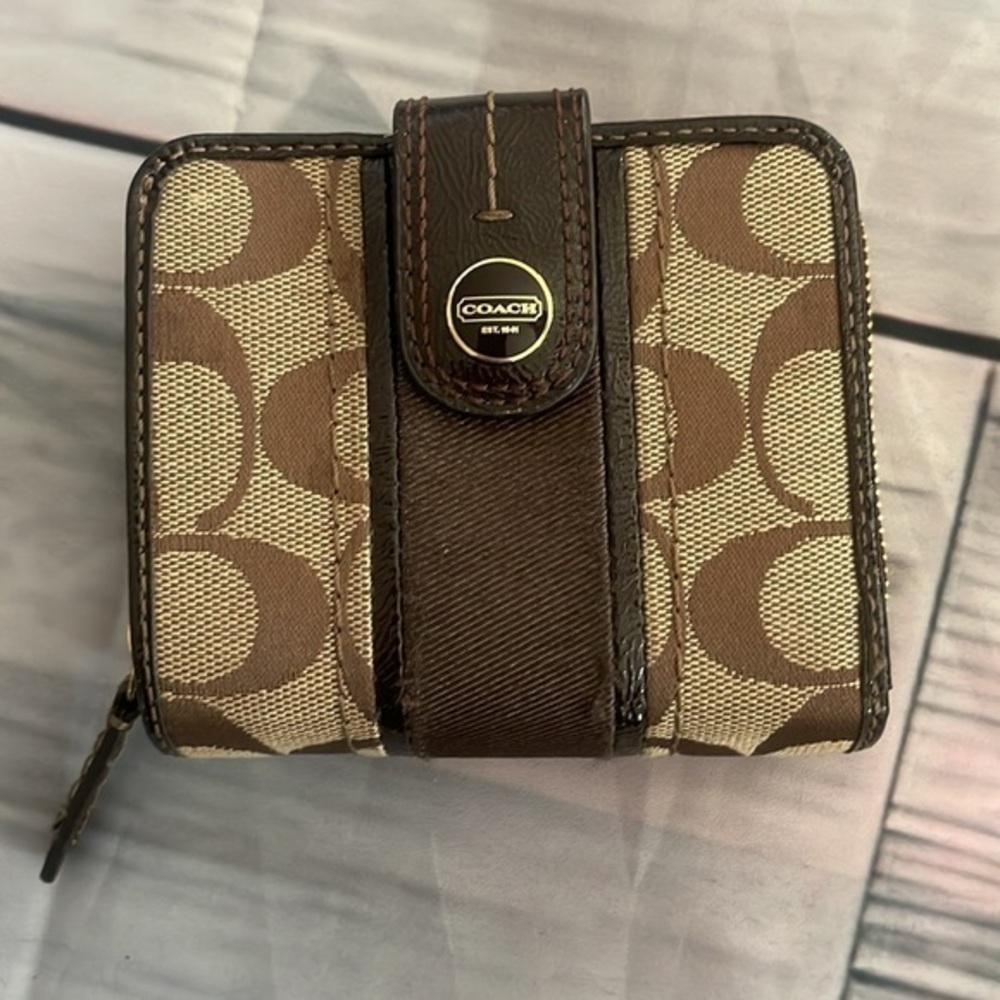 Coach Brown Parker Signature Wallet Leather Trim Zip Around Multifunctional GUC​